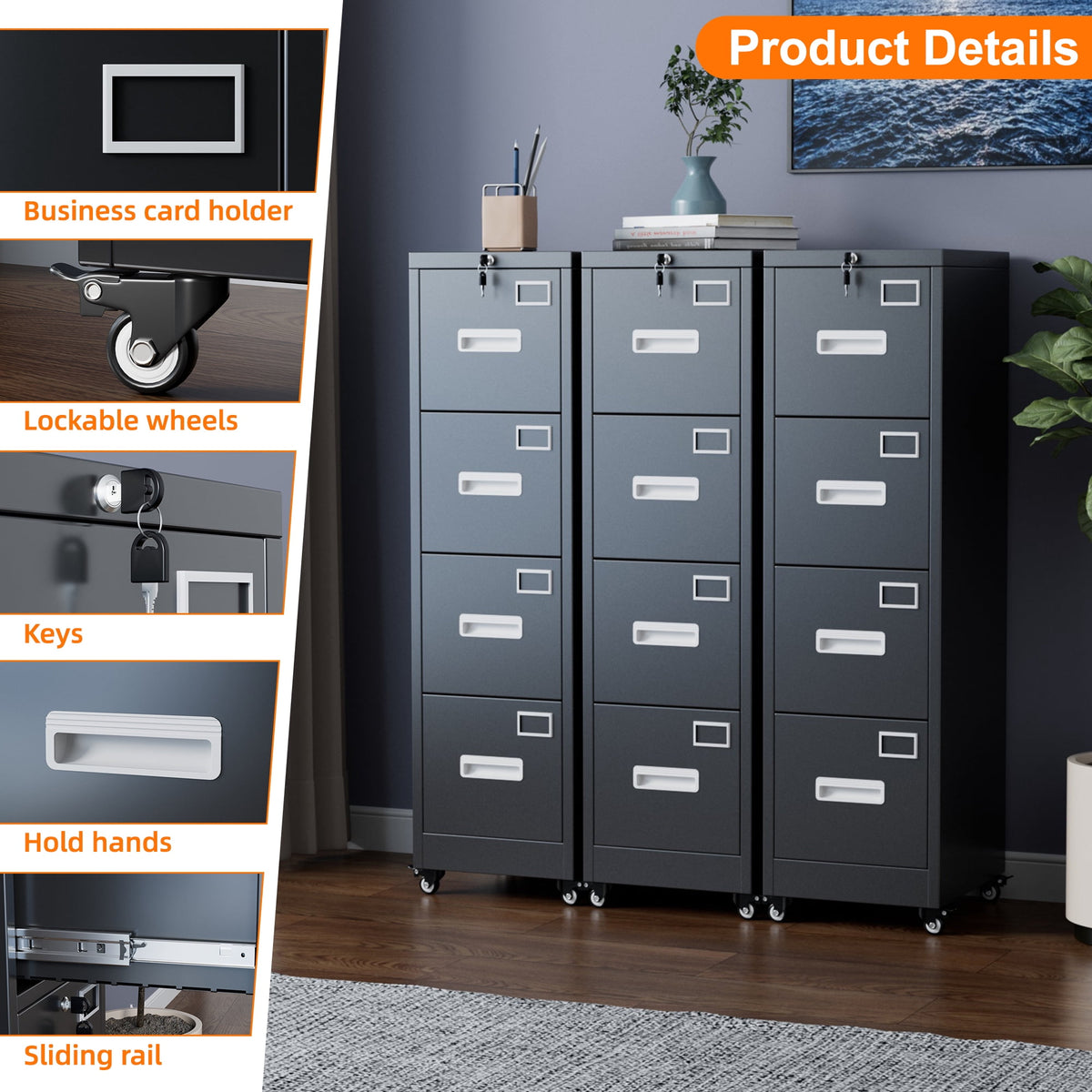 SUPEER 56"H 4 Drawer File Cabinets with Wheels, Metal Vertical File Storage Cabinet for Office Home, A4 Letter /Legal Size, , Assembly Required (Black）