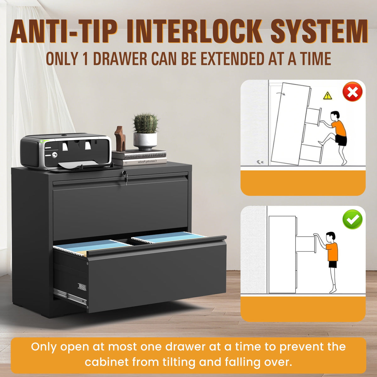 Lateral File Cabinet with Lock, 2 Drawer Metal Filing Cabinet, File Cabinet Organizer for Home Office, Easy Assembly, Lockingl File Cabinets for Legal/Letter/A4, 15.75"D x 26.76"W x 28.5"H,Black