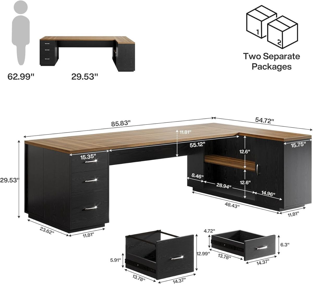 Tribesigns 85.8" L-Shaped Executive Desk, Extra Large Office Desk with File Drawers, Modern Business Furniture with Door Cabinet, Shelves for Home Office, Brown & Black