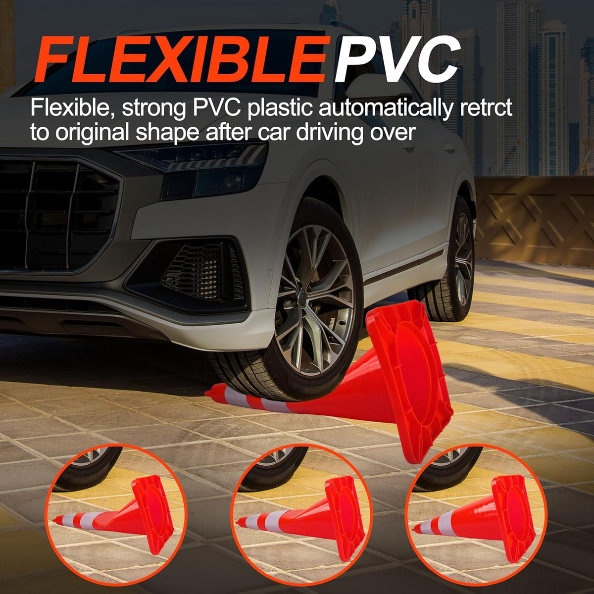12 Pack Traffic Cones 28 Inch Safety Cones with Reflective Collar, Orange Cones with Weighted Base and Hand-Held Ring Used for Traffic Control, Parking Lot, Driving Training.