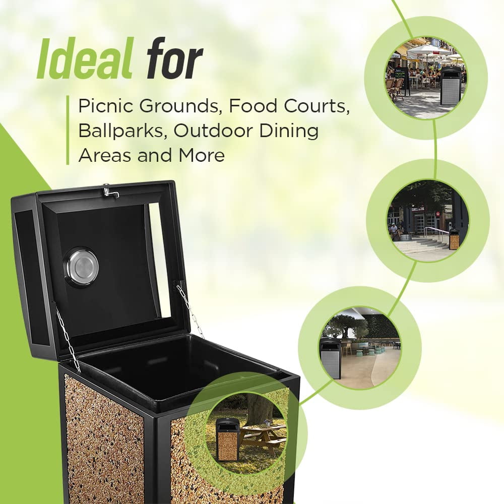 Alpine Indoor & Outdoor Commercial Trash Can with Lid - 40 Gallon Heavy Duty Metal Garbage Can with Removable Bin, Locking Lid, Perfect for Patio, Deck, Office, Mall Black, Brown Stone Panels