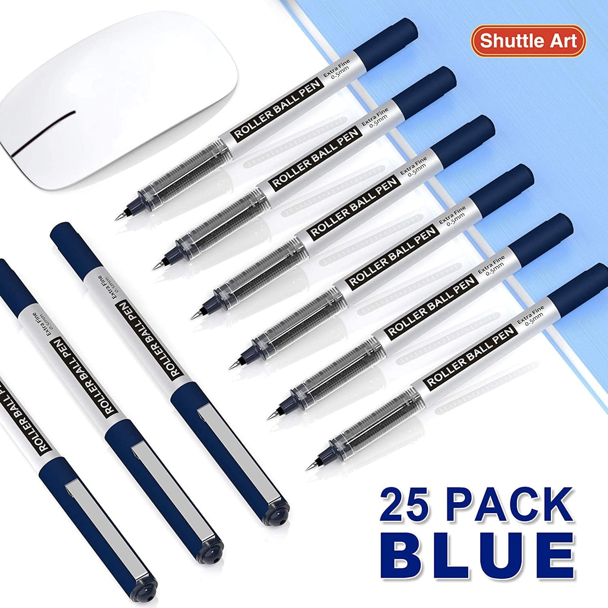 Shuttle Art Permanent RollerBall Pens, 25 Pack Blue Fine Point Roller Ball Pens, 0.5mm Liquid Ink Pens for Writing Journaling Taking Notes Office
