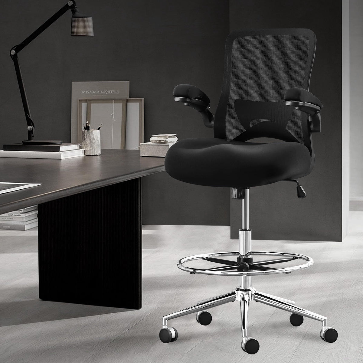 JONPONY 500lbs Big and Tall Office Chair with W-Shape Thicken Cushion, Ergonomic Office Chair with Flip-up Armrests, Breathable High Back Office Chair, Extra Wide Seat, Padded Armrests, Black