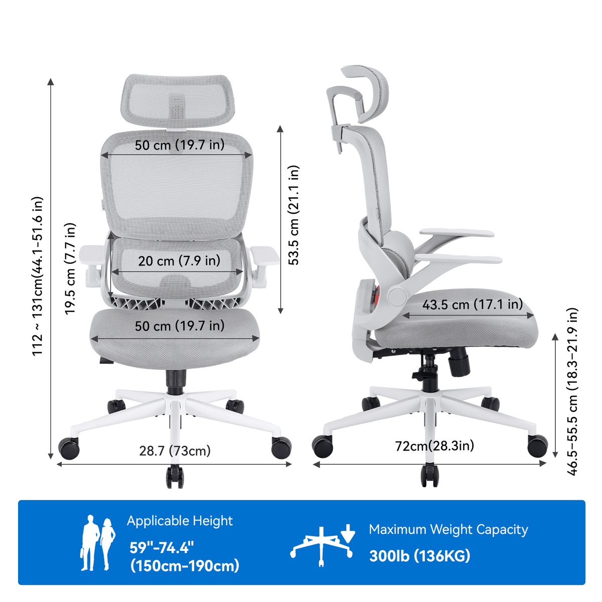 SIHOO B100 Se Office Chair, Deak Chairs with Cotton Seat & Dual-Back, 2D Headrest & Flip-up Armrest, Comfort Mesh Ergonomic Chair for Home Office, Teen, 300lbs, Light Gray