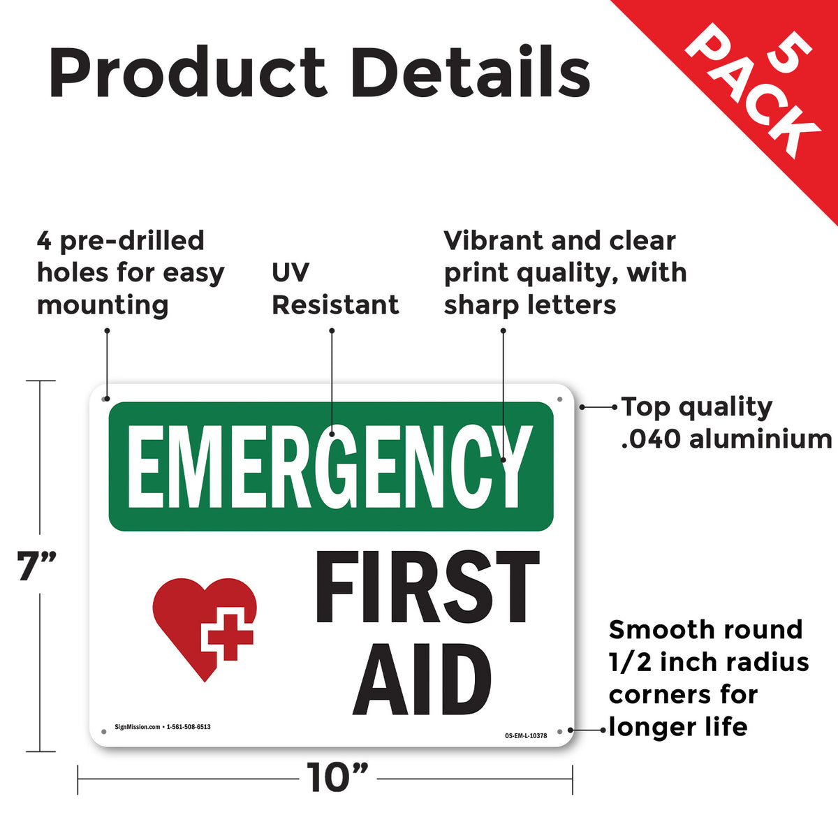 First Aid With Symbol OSHA Emergency Aluminum Sign 10 Inch x 7 Inch - 5 Pack