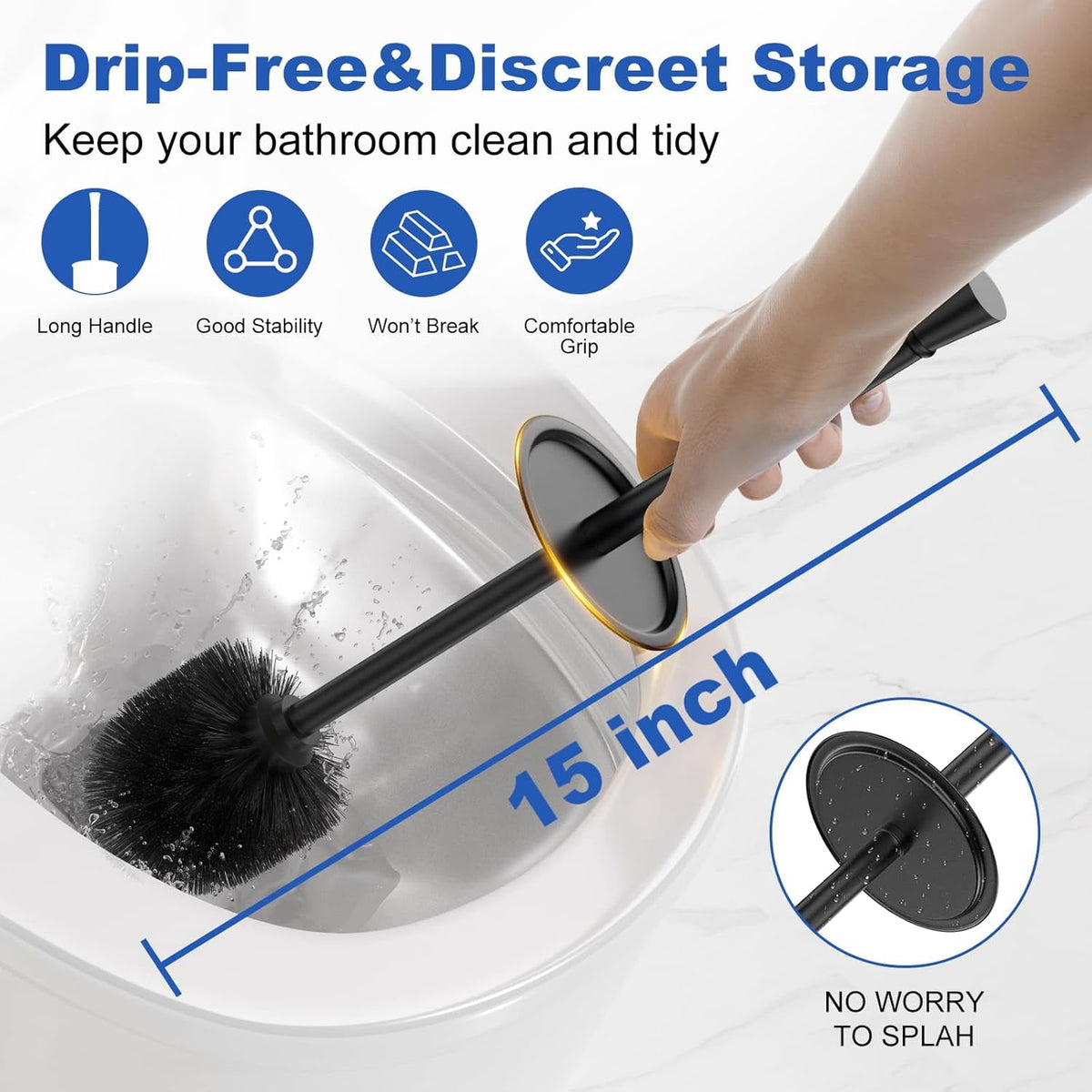 Black Toilet Brush and Holder，Extra Long Handled Black Toilet Brush for Bathroom，Stainless Steel Heavy Duty Toilet Bowl Brush,Deep Cleaning Modern Toilet Cleaner Brush -Space Saving