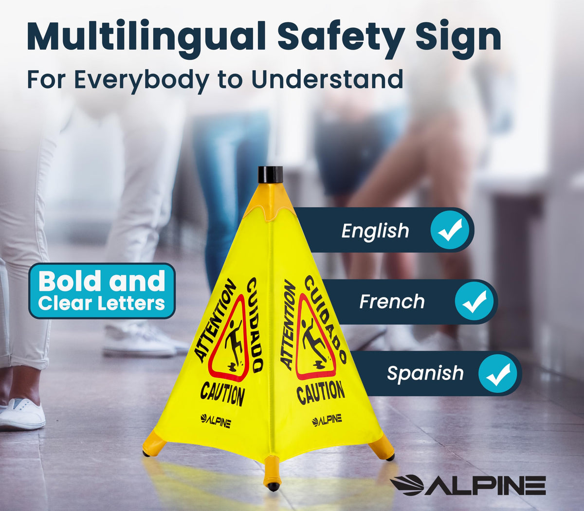 Alpine Caution Wet Floor Sign 3 Pack - Pop Up Slippery When Wet Sign, Wall Mounted Foldable Bilingual Yellow Safety Warning Cone for Commercial & Office Use (20 Inches)