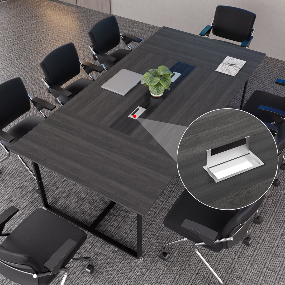 Haooyeah Conference Table 94.4" x 47.2", Large Meeting Desk, Flip-Top Cable Management Box, Double Reinforced Frame, Triangular Support Base, Adjustable Foot Pads, Gray