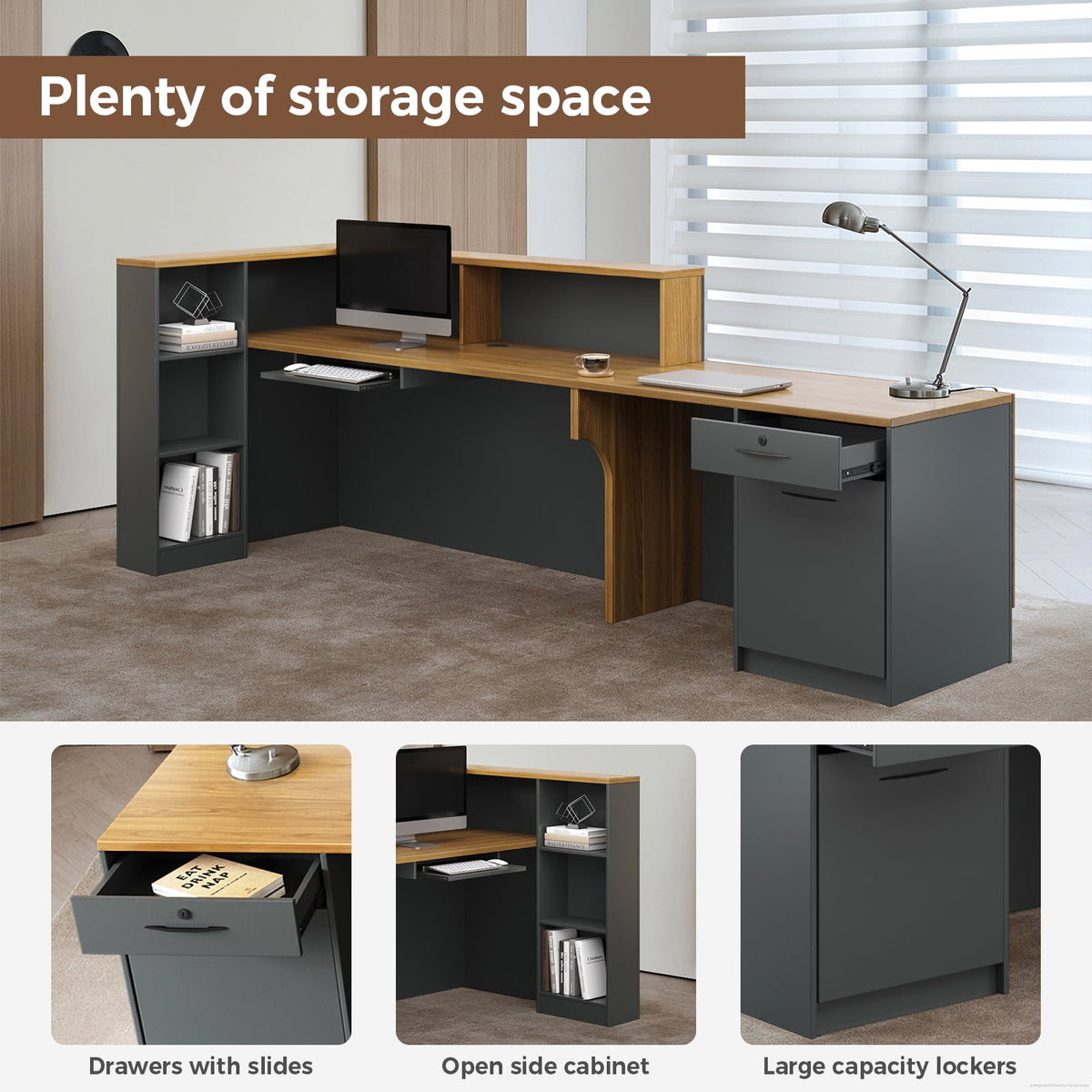 L-Shaped Reception Desk with Lockable Drawers and Storage Shelves, Multi-Functional Computer Desk for Office (Left Hand L-Shaped; Walnut & Iron Gray; 87"Lx 24"W x 41"H)