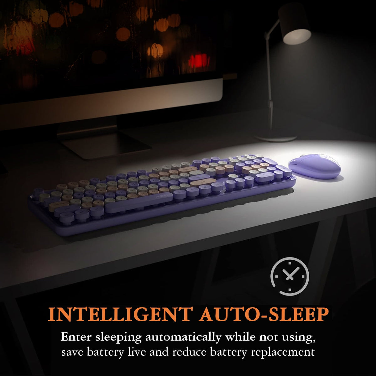 MOFII Wireless Keyboard and Mouse Combo 2.4GHz Retro Full-Size Keyboard with Number Pad and Cute Wireless Mouse for PC Desktop Laptop (Purple)
