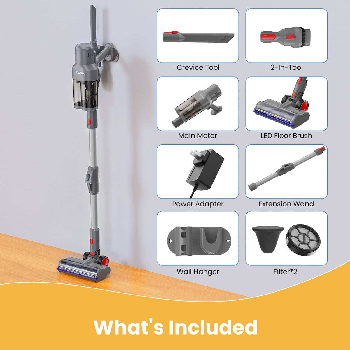 VAVSEA Cordless Stick Vacuum Cleaner, 38KPa Powerful Suction Vacuum with Double Dust Cup, for Carpet, Hard Floor & Pet Hair Cleaning