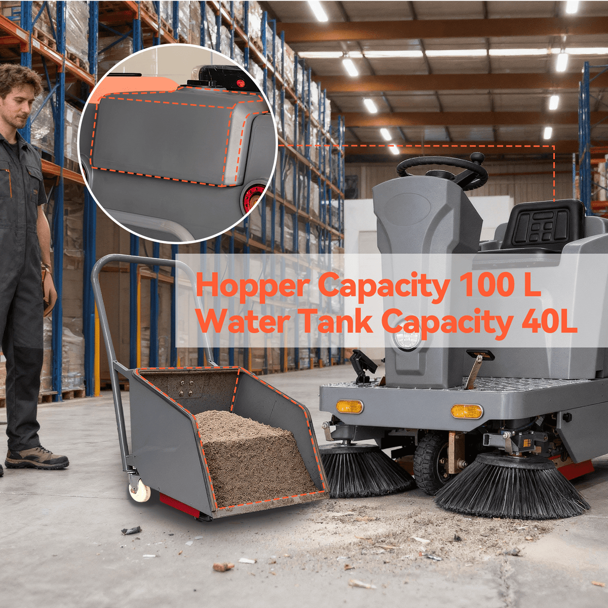 POHIR 50.4" Ride-On Industrial Floor Sweeper, 92,600 Sq Ft/H, 26.5 gal Hopper, 800W Brushless Motor, Commercial Cleaning Machine for Warehouse Factory Parking Lot