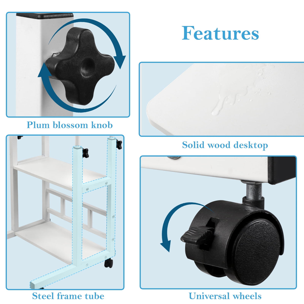 Adjustable Height Rolling Desk on Wheels Portable Computer Workstation with Storage Racks for Small Apartments Home Office Study White