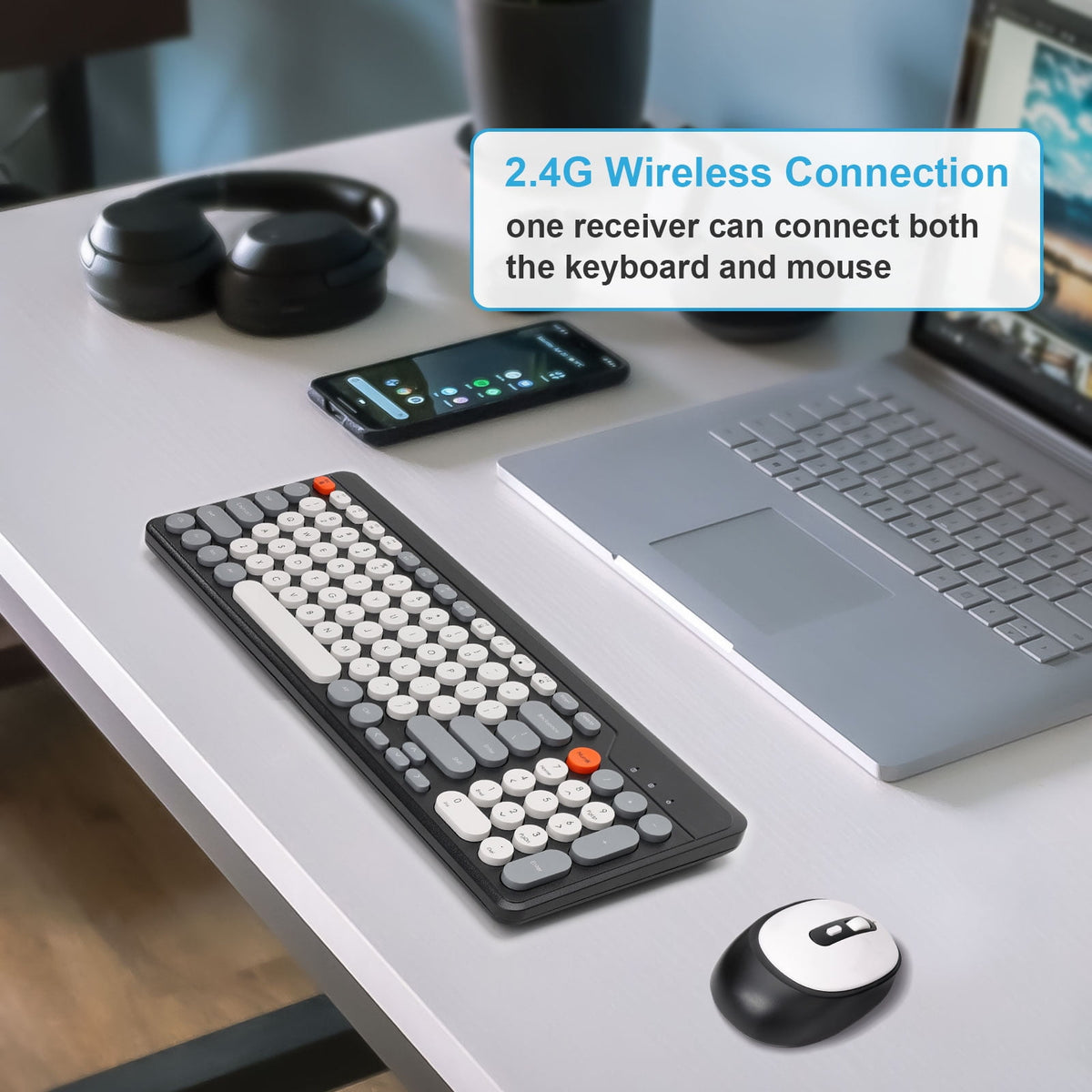 HUO JI Wireless Keyboard and Mouse Combos,USB 2.4GHz Receiver Plug and Play, Mixed Color Round Keycaps Retro Office Keyboards, for Windows, Mac, PC, Laptop, Desktop.(Black Grey)