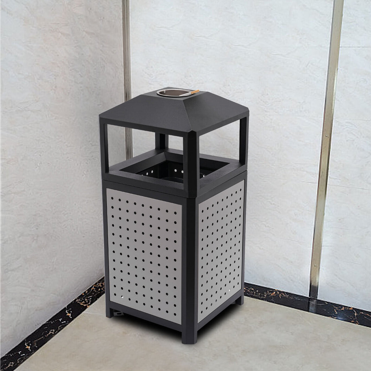 Industrial 15 Gallon Trash Can, Commercial Outdoor Waste Container Galvanized Steel Garbage Can for Indoor Outdoor Use, Grey Trash Receptacle Garbage Enclosure with Ashtray for Kitchen
