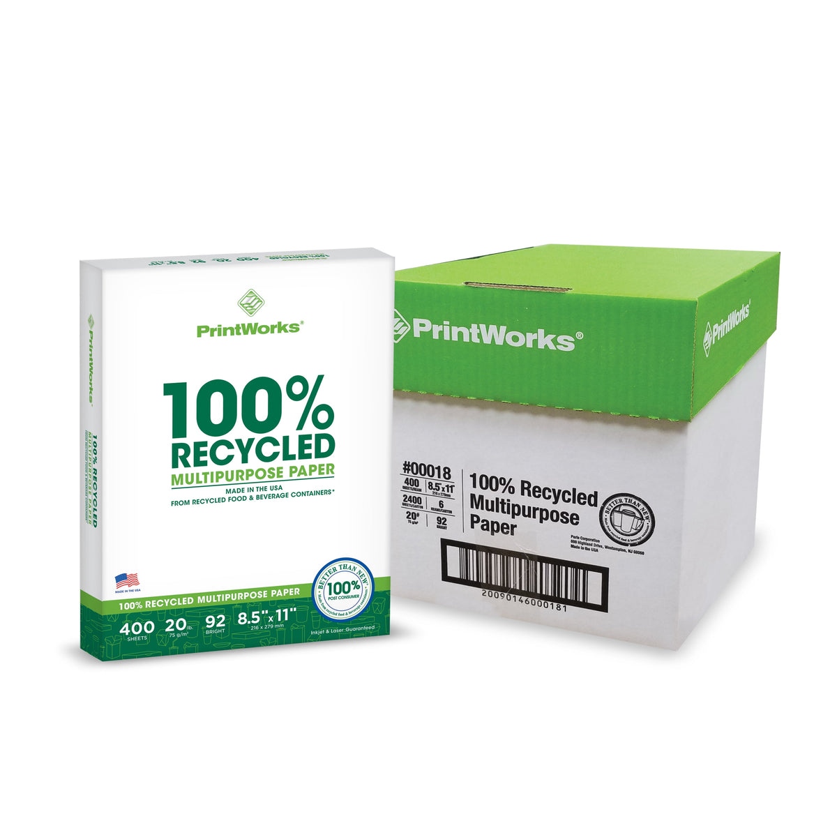 Printworks 100% Recycled Multipurpose Paper, 20 LB, 92 Bright, 8.5 x 11 Inches, 2400 shts/Carton, 80 ctns/Pallet