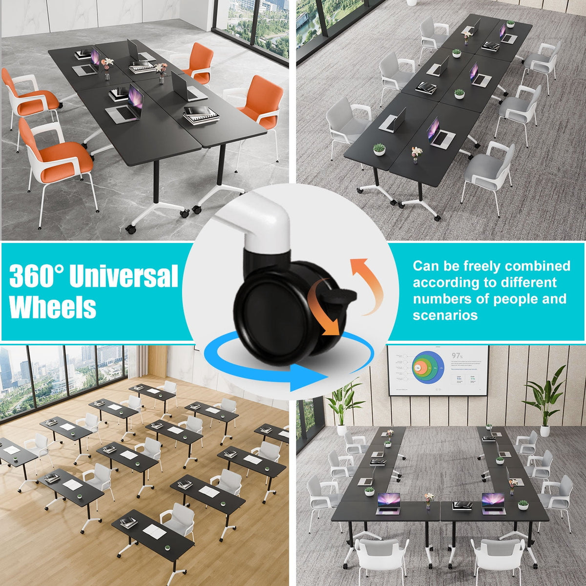 Folding Conference Table with Wheels, Modular Flip Top Meeting Desk, Commercial Training Table for Office Classroom(8,Black 2,61" D X 19.6" W X 29.5" H)