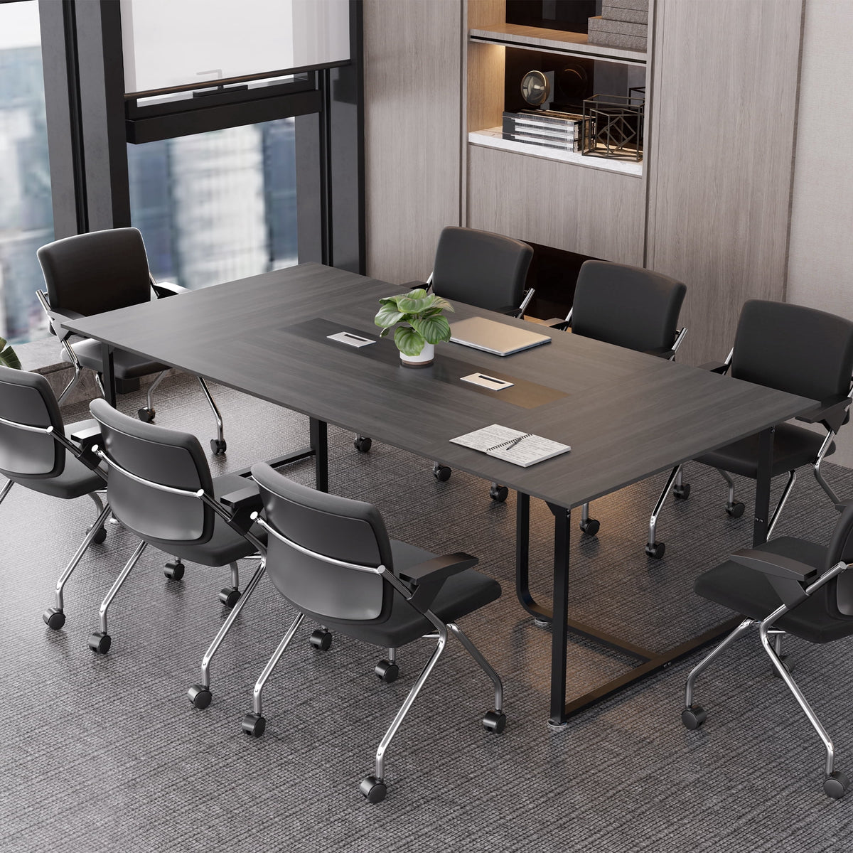 Haooyeah Conference Table 94.4" x 47.2", Large Meeting Desk, Flip-Top Cable Management Box, Double Reinforced Frame, Triangular Support Base, Adjustable Foot Pads, Gray