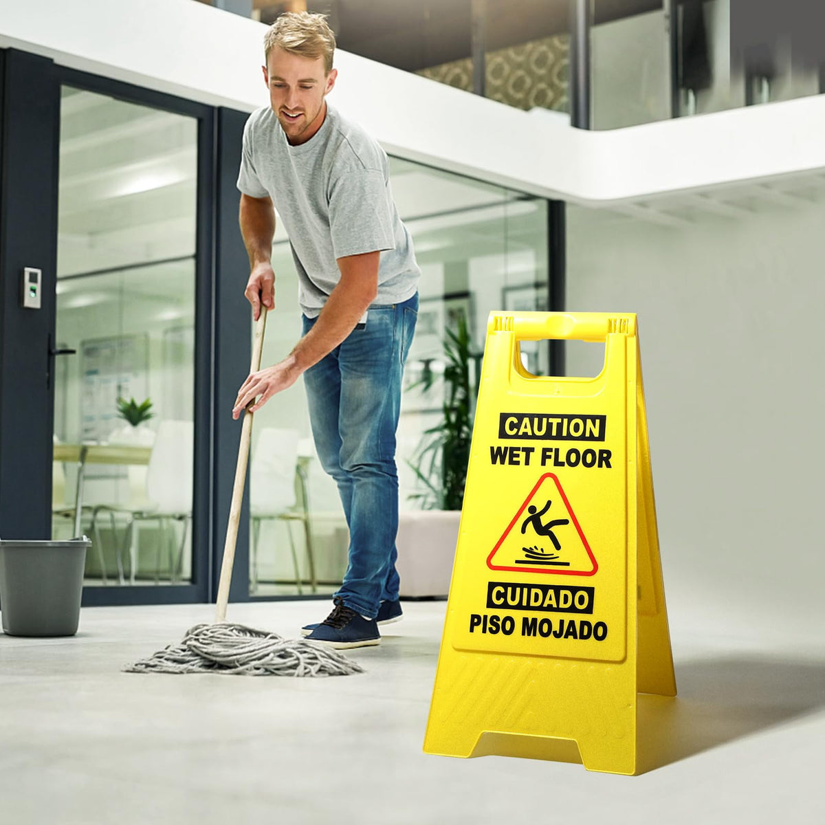 DIYMAG 5 Pack Caution Wet Floor Sign, Foldable Sturdy Bilingual Double-Sided Safety Warning Signs for Commercial Use, Pool, 24 Inches, Yellow