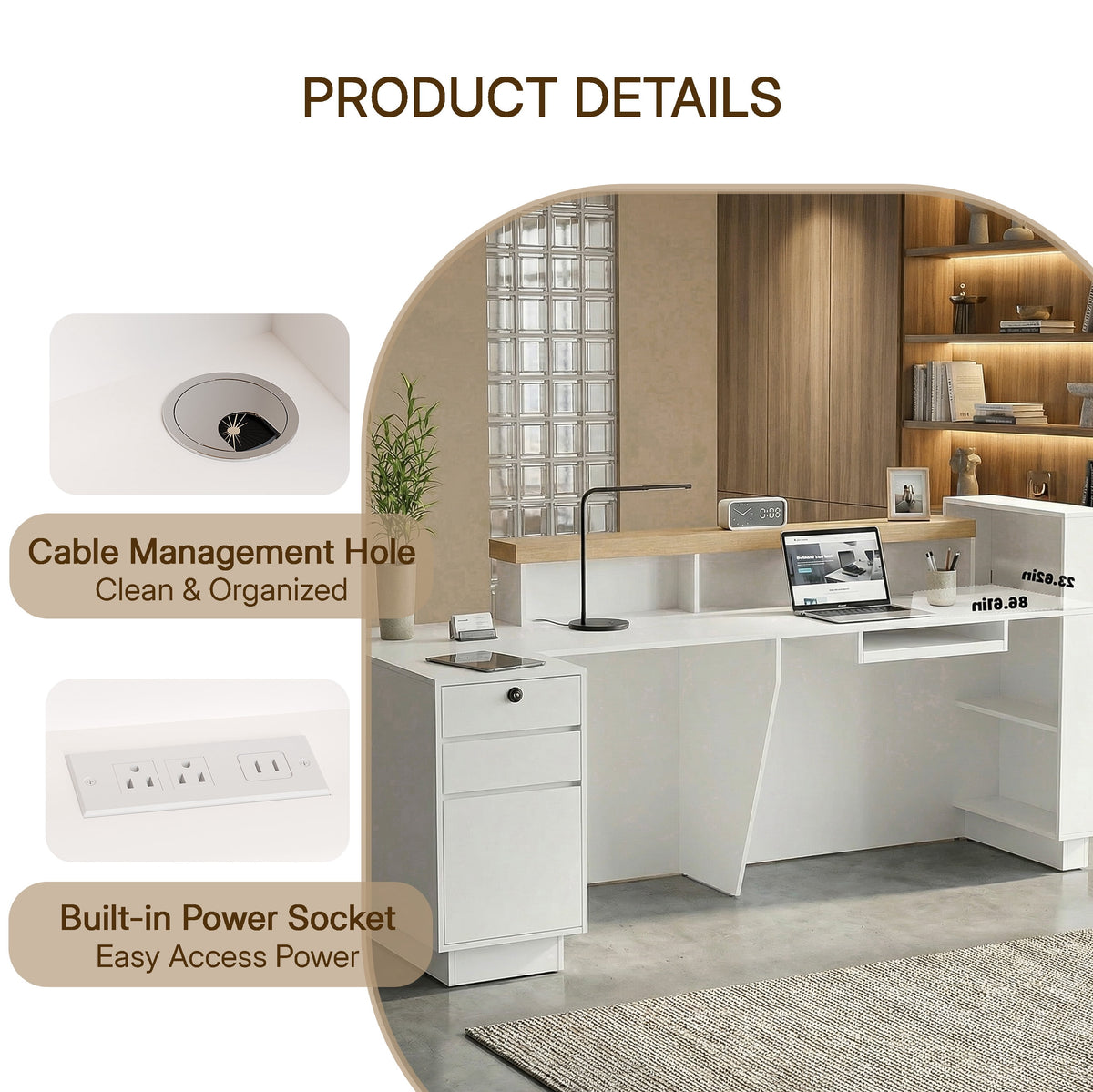 63" White L-Shaped Reception Desk with Left Counter, Modern Front Desk with Built-in Power Outlets, Locking Drawers & LED Lights for Office, Salon & Retail