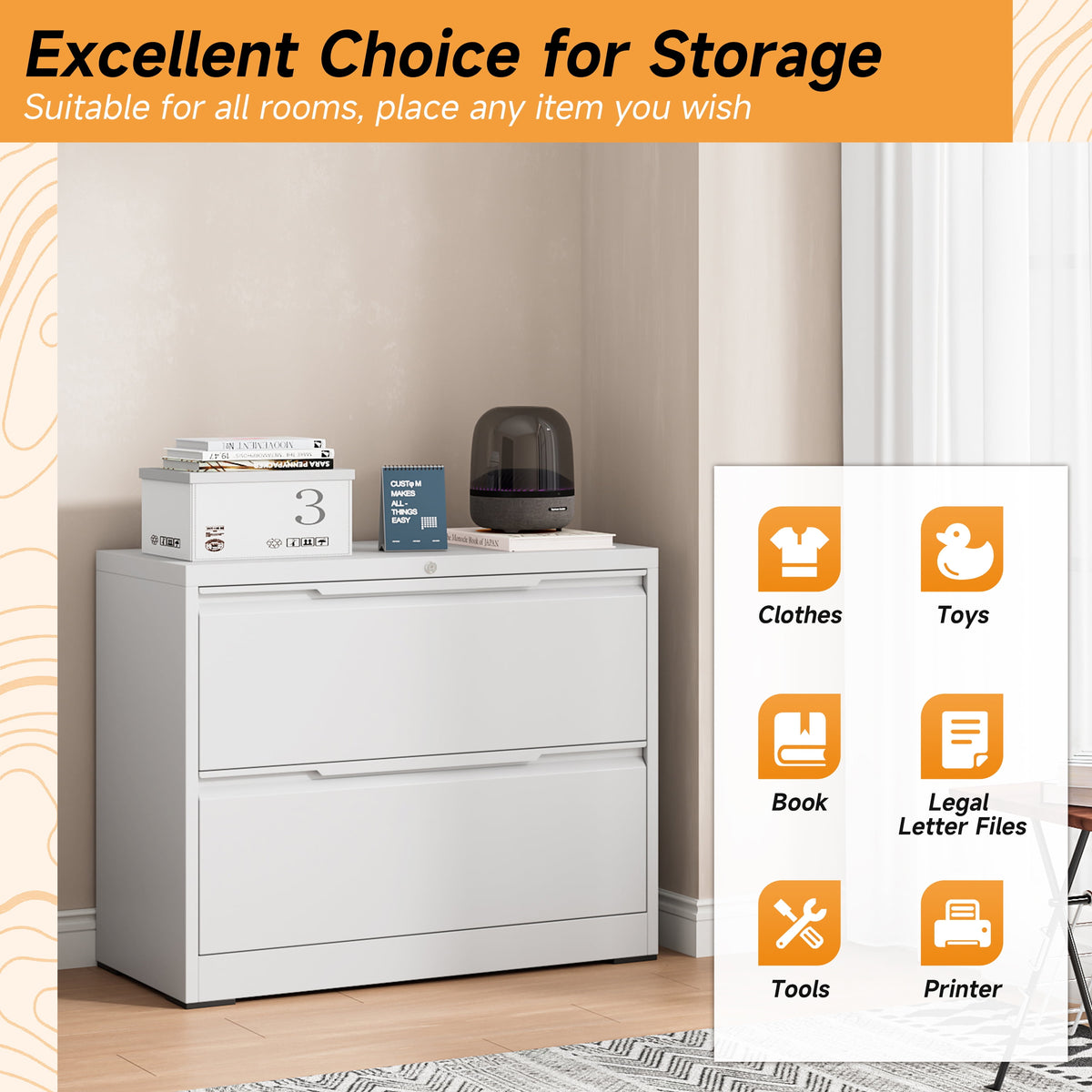 Topass Lateral File Cabinets with Lock, 2 Drawer Steel Wide Filing Organization Storage Cabinets, Steel File Cabinet for A4 Legal/Letter Size, Assembly Required (White, 2 Drawer - 36" W)