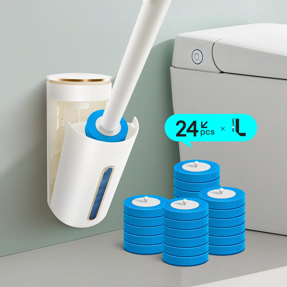 Toilet Bowl Brush，Disposable Toilet Brush with Refill Heads, Wall-Mounted Cleaning System, Storage Caddy, and 24 Scrubbing Pads