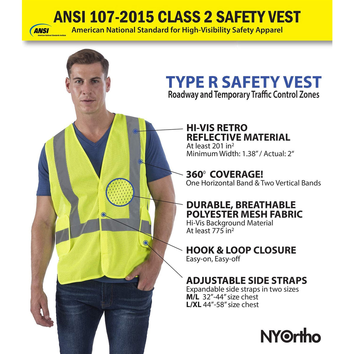 NYOrtho High Visibility Vest Reflective Lightweight Breathable Safety Vest for Men & Women, 32-44” 48 Pcs