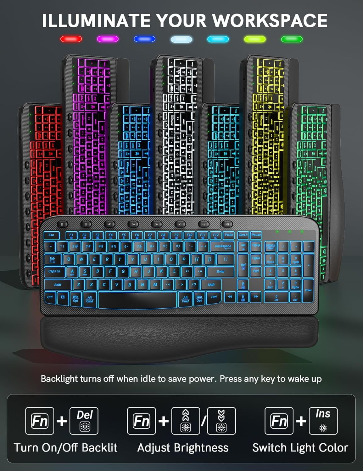 Wireless Keyboard and Mouse Combo - Ergonomic Wave Rechargeable Keyboard with Soft Leather Wrist Rest, RGB Backlit -Black