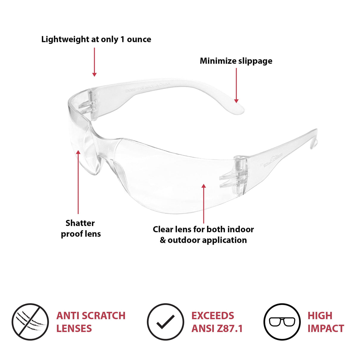 Bison Life Clear Safety Glasses, Pack of 12, ANSI Z87.1 Scratch & Impact Resistant, Polycarbonate Lens, One Size, Wrap Around Eyewear