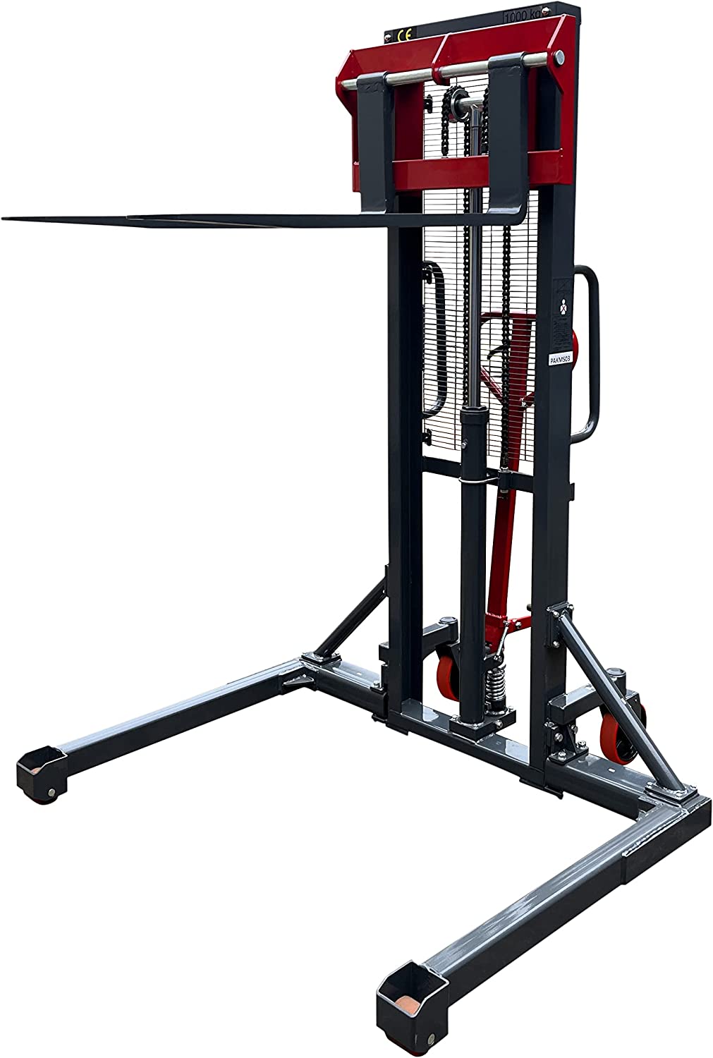 Pake Handling Tools Long Fork Manual Pallet Stacker Hand/Foot Pump Lift Truck Hydraulic Lift with Adjustable Fork and Straddle Legs, 2200 lbs Capacity, Lift Height 63", Fork 45.27" L, Leg 49.2" W