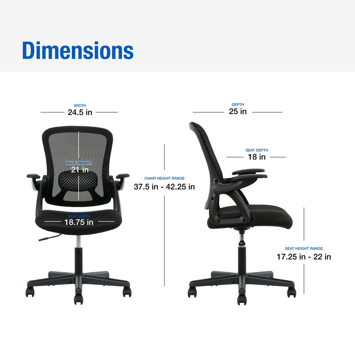 Mainstays Ergonomic Mesh Back Office Chair with Flip Up Arms for Adults, Black Fabric, 275lb