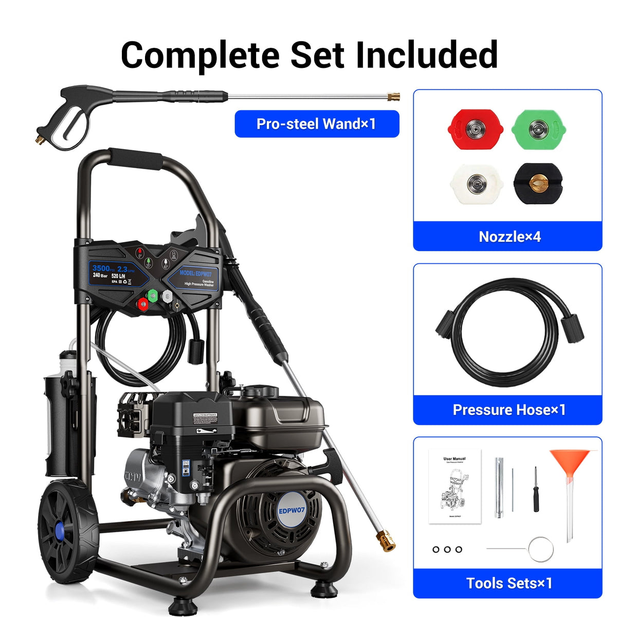 Efurden 3500PSI 2.3GPM Gas Pressure Washer, 209CC 7HP Engine, 4 Quick Connect Nozzles, 25FT Pressure Hose & Soap Tank