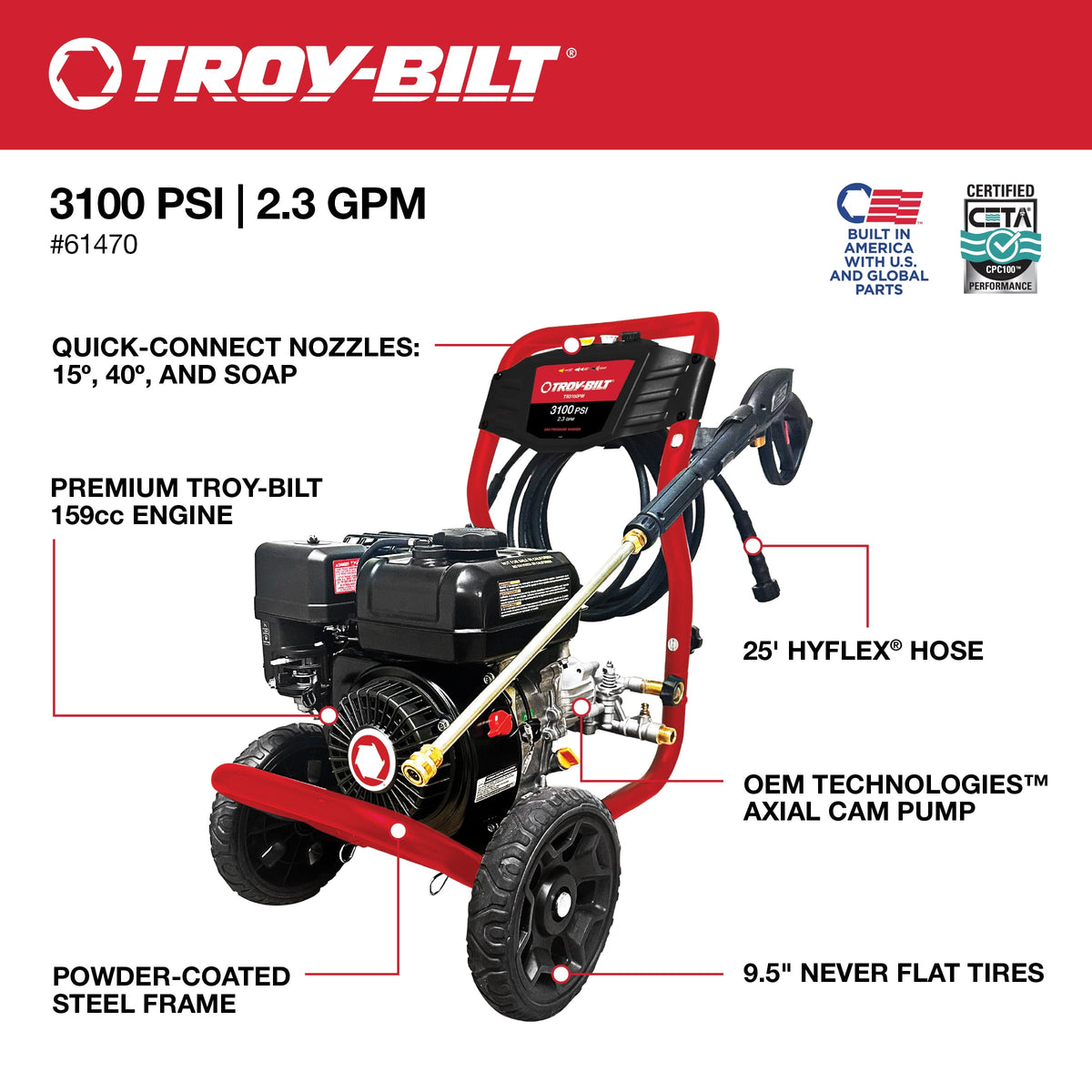 Troy-Bilt 3100 Psi Gas Pressure Washer with Axial Cam Pump