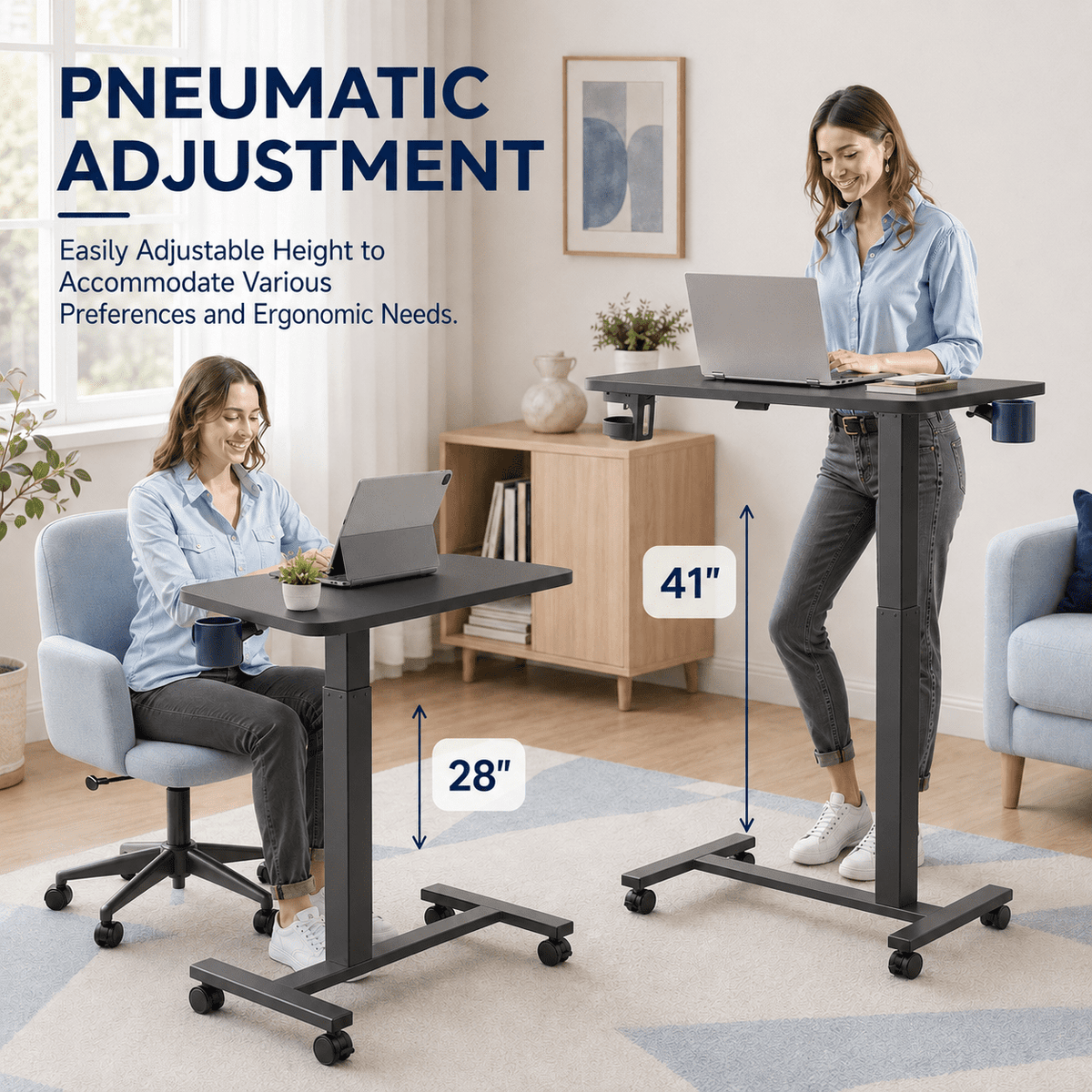 CLOUDREST PRO Mobile Standing Desk with Lockable Wheels, 32 x 18 Inch Pneumatic Adjustable Height Rolling Laptop Table, 28 to 41 Inch Portable Workstation with Cup Holder for Home Office, Black