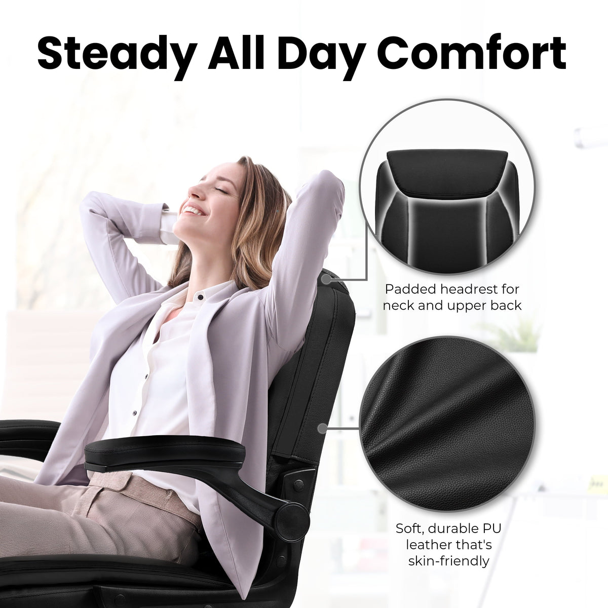 NEO CHAIR Office Desk Computer Chair Ergonomic Executive Mid-Back Leather Gaming Chair with Adjustable Flip-Up Armrests Wheels Swivel for Home Study Task (Jet Black)