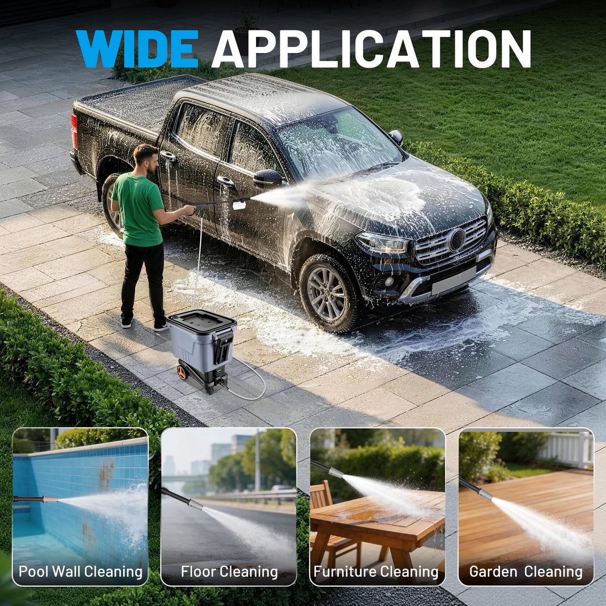 SPBTAR Electric High Pressure Washer, 2000PSI Cordless Pressure Washer with 3 Modes of Water Supply, 0°-180° Swivel Joint, 7.2 Gallon Tank & Wheels for Car/Fences/Driveway/Home/Patio Cleaning