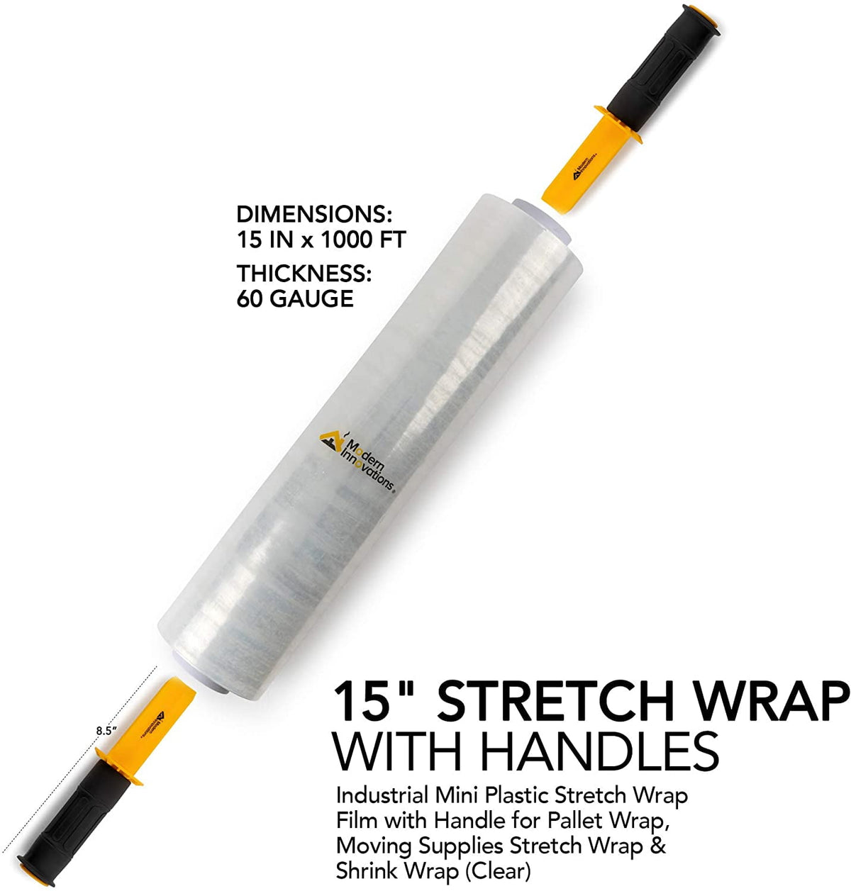 Modern Innovations 15 Inch Clear Stretch Wrap Roll with Handles (1 Roll-1000 Feet) Heavy Duty Shrink Wrap for Moving, Packing Supplies for Wrapping Furniture, Industrial Plastic Pallet Cling