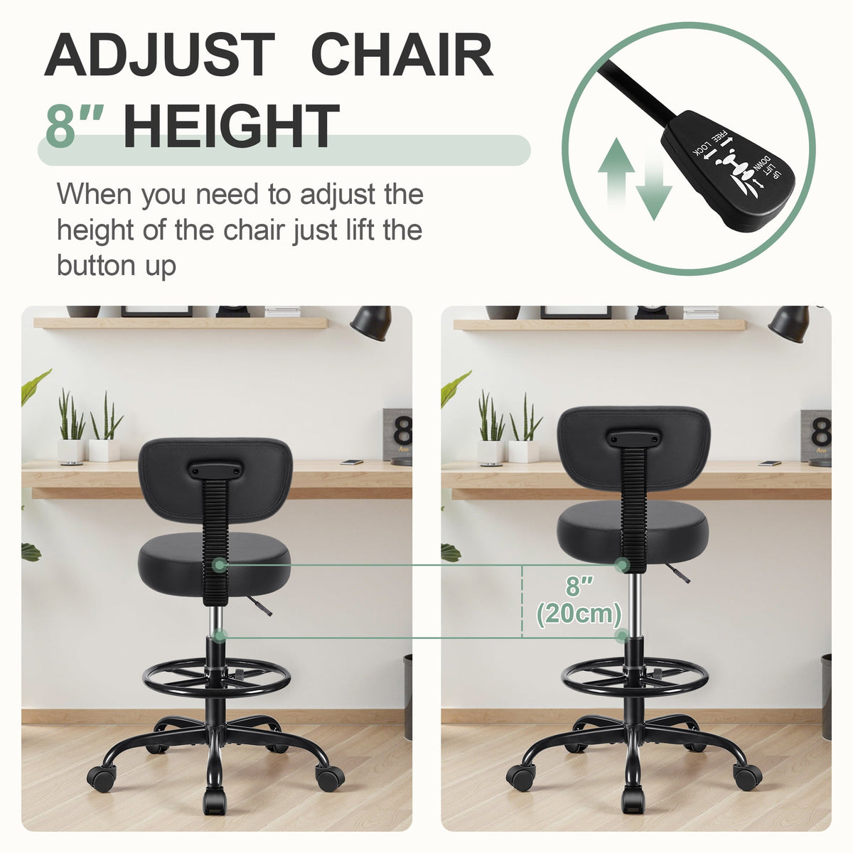 Primy Drafting Office Chair with Backrest - Adjustable Rolling Stool | Armless Office & Bar Height Chair | PU Leather with Thick Cushion | for Home, Office, Salon, Kitchen, Shop, Black