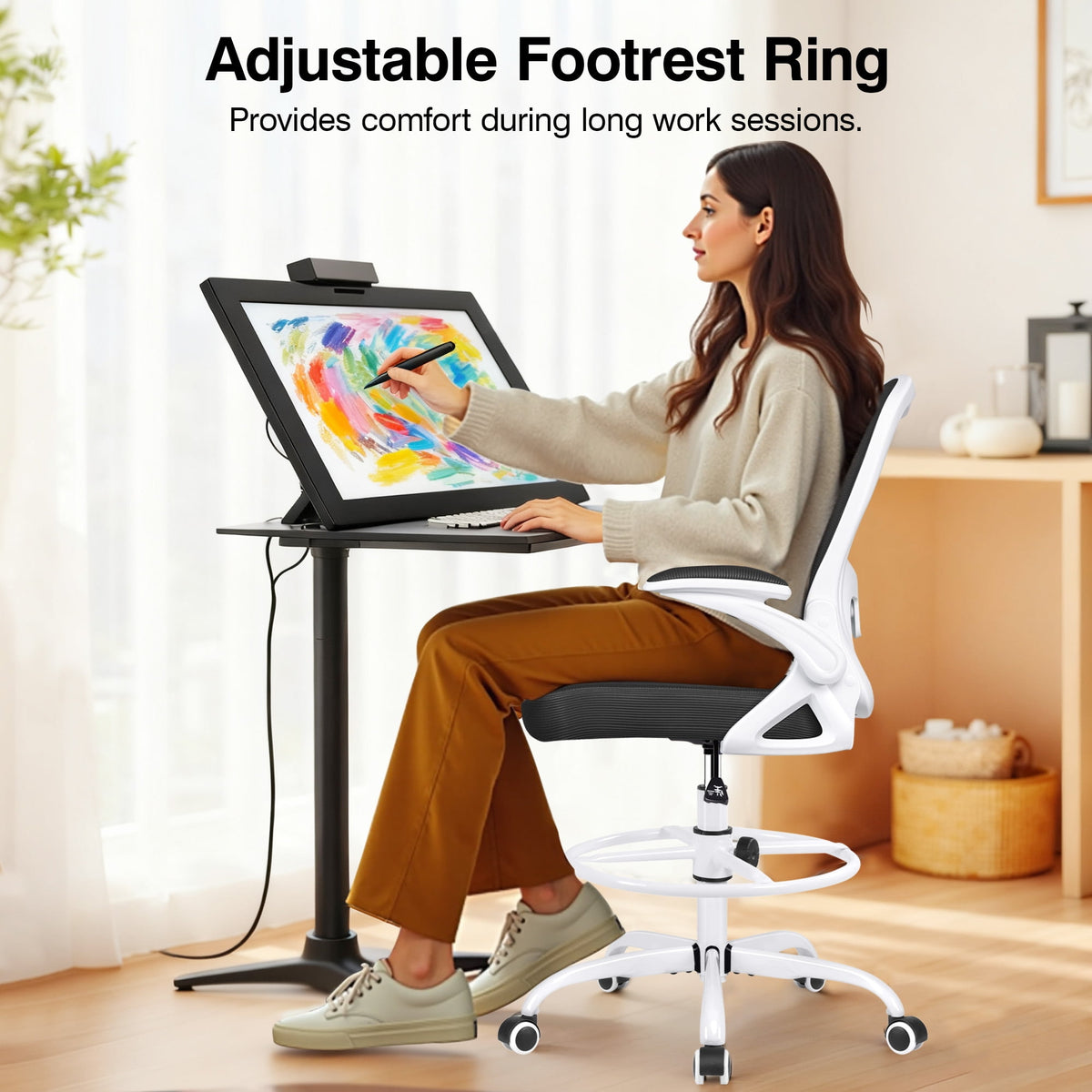 ATHOPE Ergonomic Office Chair, Mesh Desk Chair with Lumbar Support, Tall Office Chair with Flip-Up Armrests and Footrest Ring, Adjustable Computer Chair for Standing Desk Home Office, White