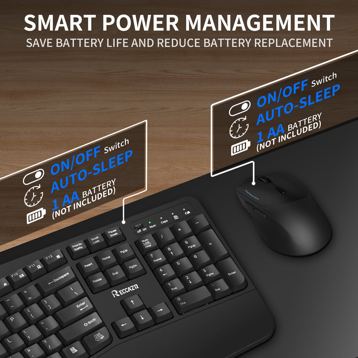 RECCAZR Advanced Combo Wireless Keyboard and Mouse, Wave Keys Ergonomic Keyboard with Wrist Rest and 3-Level DPI Adjustable Wireless Ergonomic Mouse for Windows, Mac OS Desktop/Laptop/PC(Black)