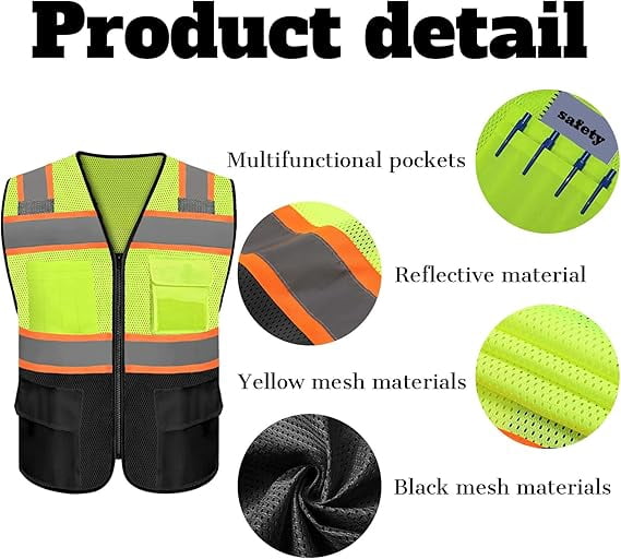 Safety Vest with 9 Pockets & Zipper Reflective High Visibility Vest Class 8 Outdoor Workwear Meets ANSI/ISEA