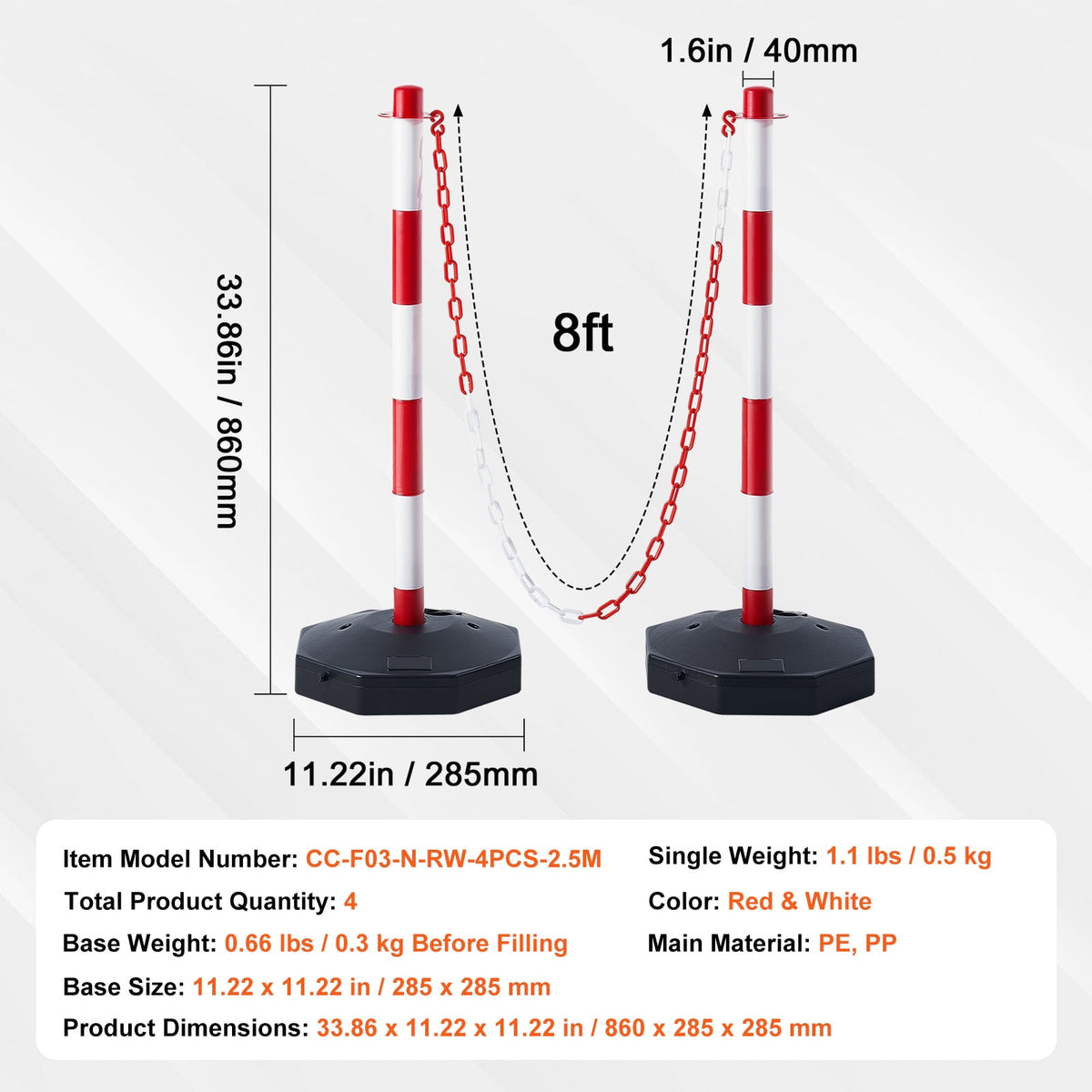 KFFKFF Movable Traffic Guide Post Cones, Set of 4, Safety Traffic Barrier with Loadable Base and 8FT Chain, Suitable for Traffic Regulation, Parking Area, Construction Warning, Roadway Caution