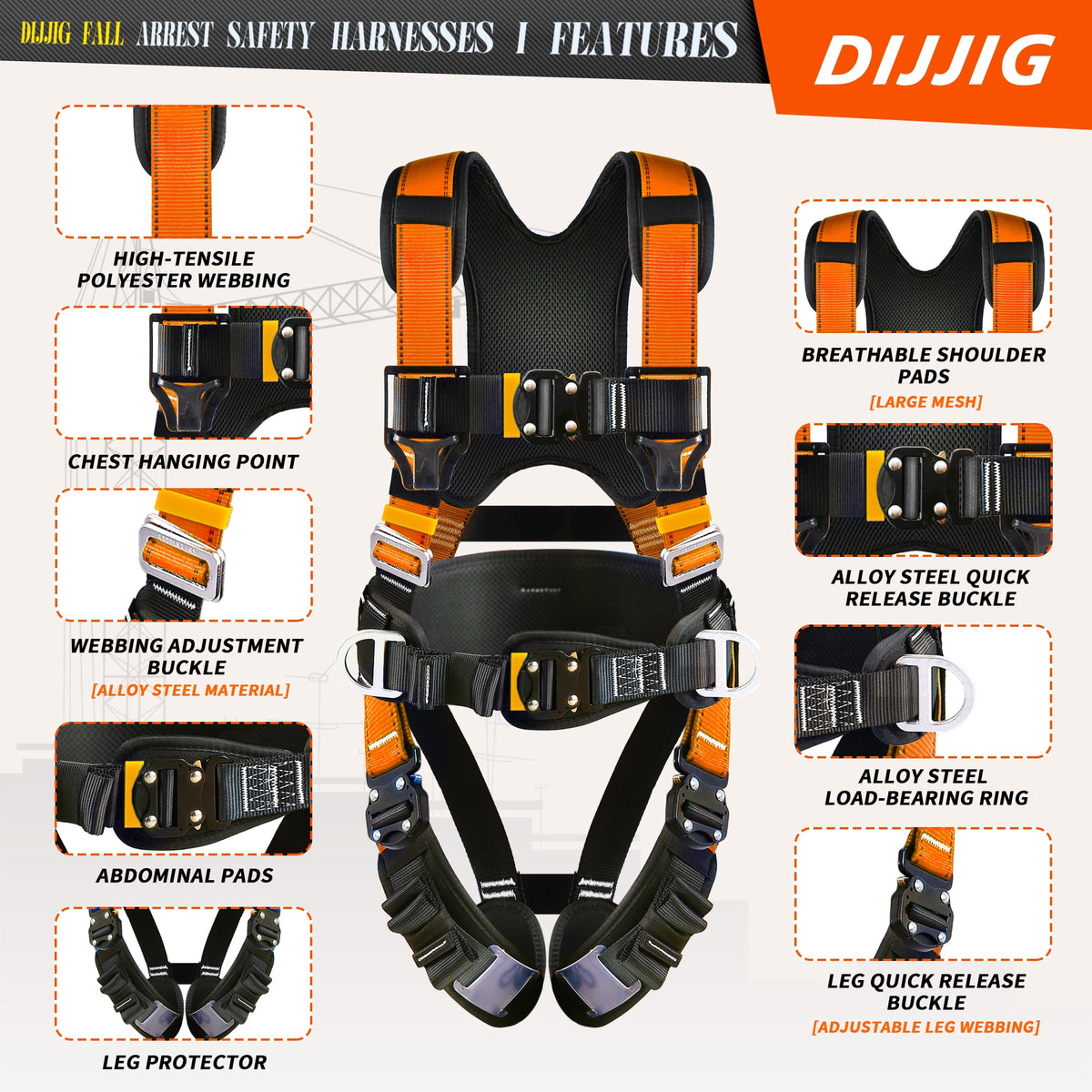 Fall Protection Premium Safety Harness with Shock Absorbing Lanyard, Vented & Padded Shoulder, Legs & Back - Upgrade 4 Quick Buckles