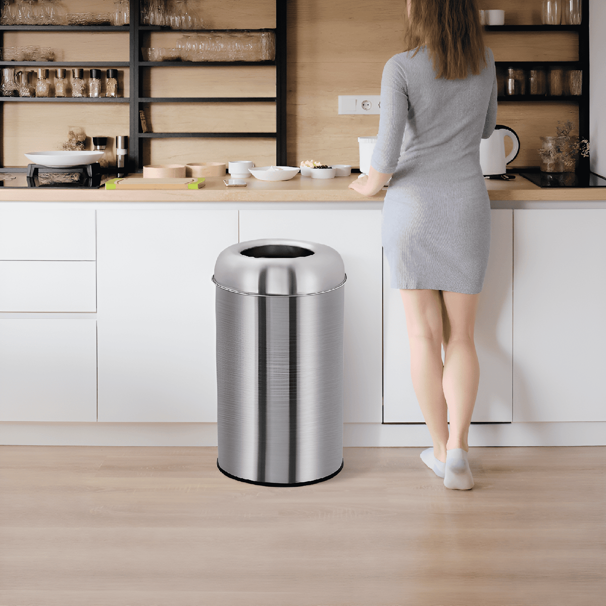 Open Top Trash Can, Commercial Grade Stainless Steel Garbage Can with Removable Inner Bucket, Outdoor Indoor Space-Saving Industrial Waste Container for Home, Office, Restaurant