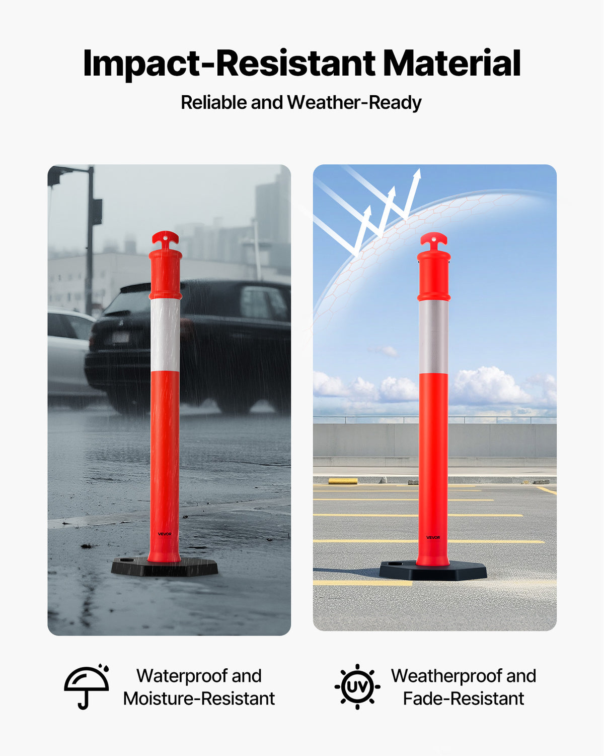 VEVOR 9 Pack Traffic Delineator Posts, 48 inches Traffic Safety Cones with Weighted Base and Reflective Strips, Heavy Duty Delineator Posts for Construction Site, Parking Lot, Crowd Control, Red