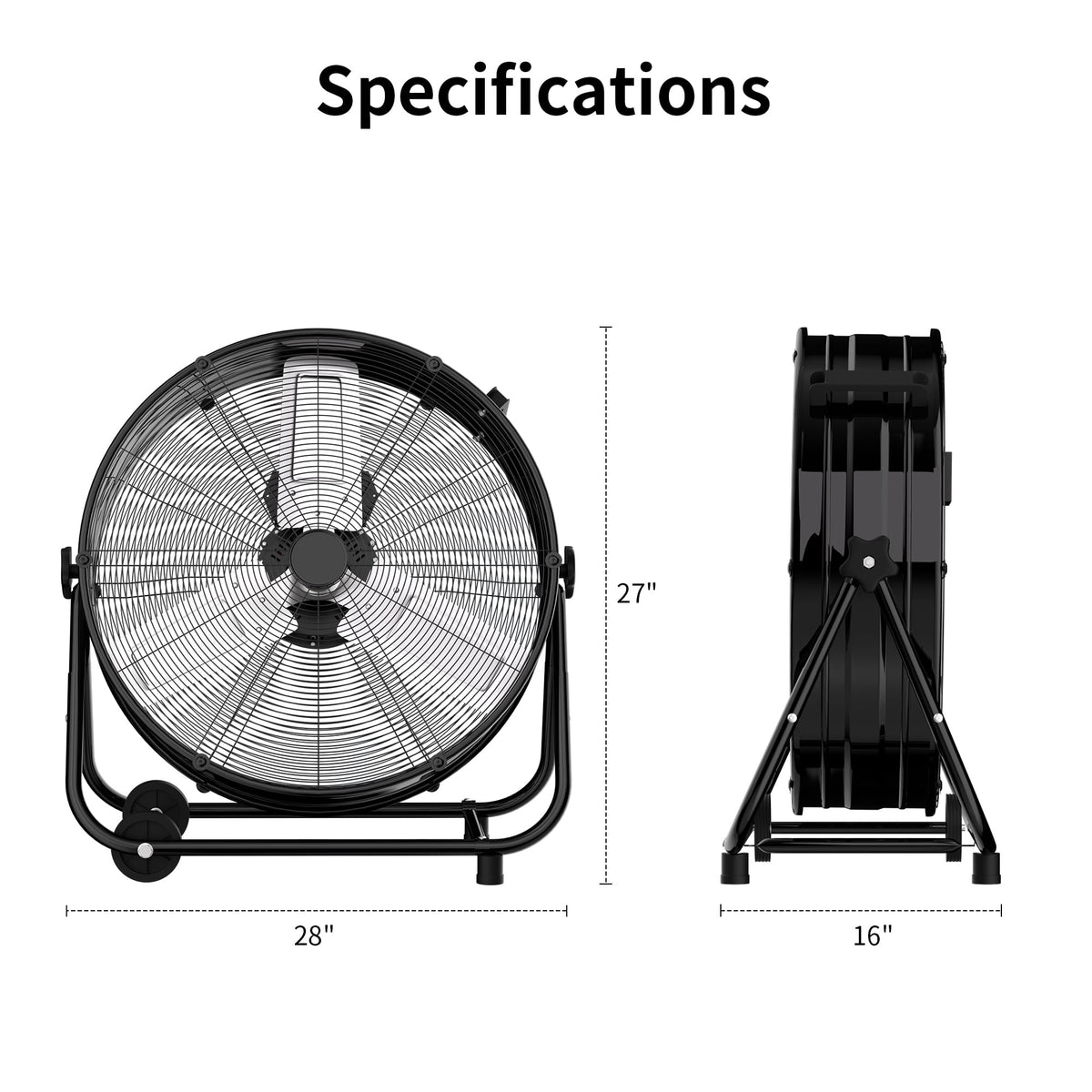 Industrial Drum Fan 24", High Velocity, 5650 CFM, 3-Speed, Heavy Duty Metal Fan for Commercial, Factory(Black)