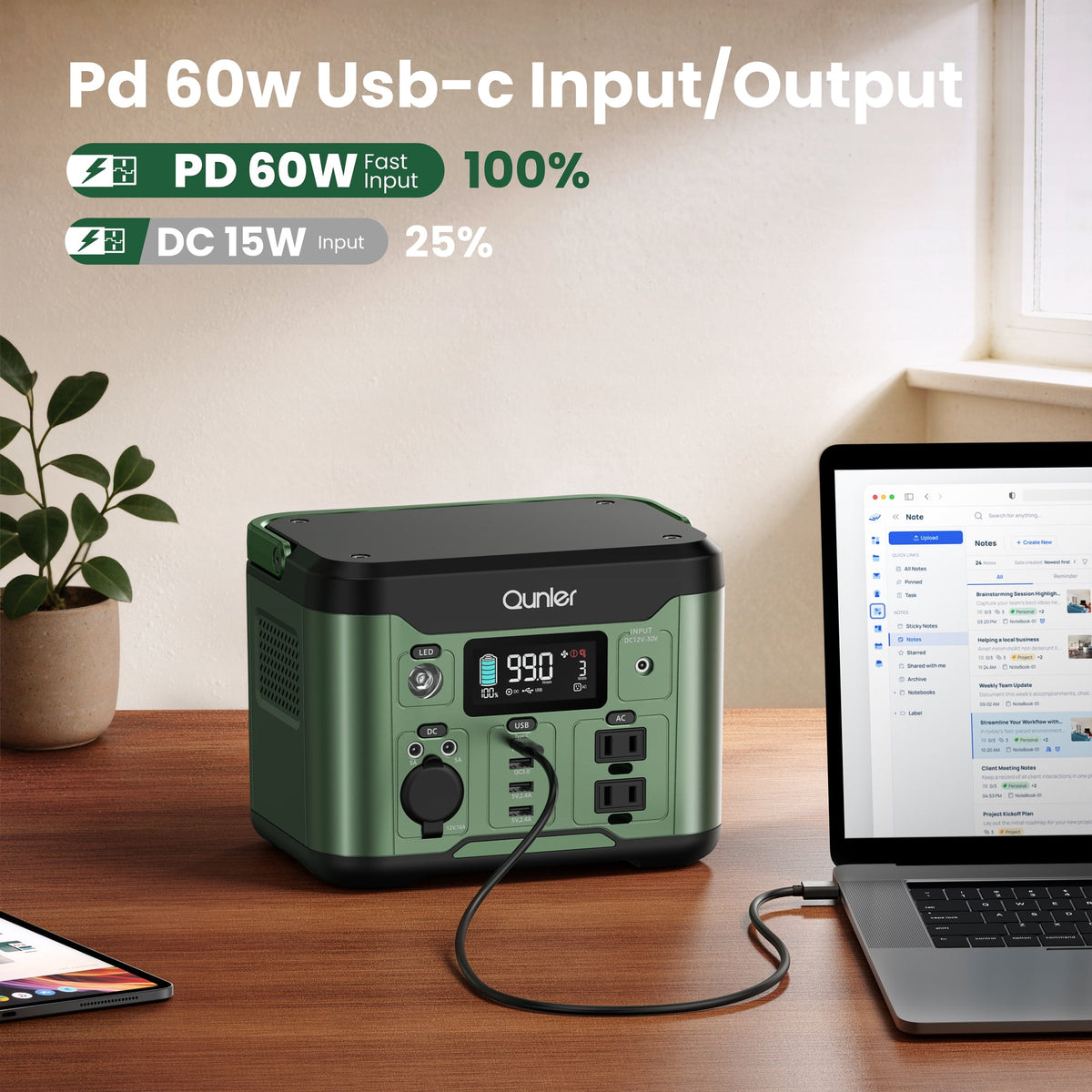 Qunler 300W 296Wh Portable Power Station, Pure Sine Wave 120V AC Outlet, 60W USB-C PD Backup Power Supply for Camping & Emergency，Green