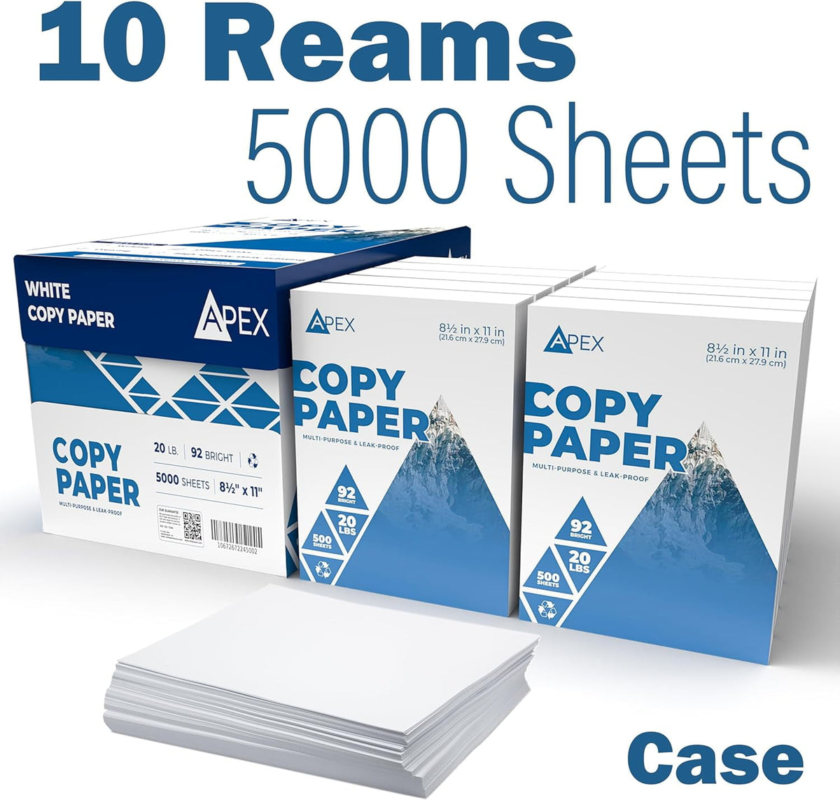 E-CLIPS USA Apex White Copy Paper 8.5” x 11” Multipurpose Printer Paper, 10 Reams Case