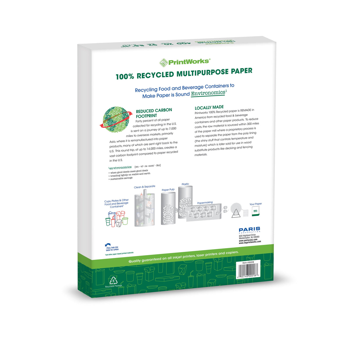 Printworks 100% Recycled Multipurpose Paper, 20 LB, 92 Bright, 8.5 x 11 Inches, 2400 shts/Carton, 80 ctns/Pallet