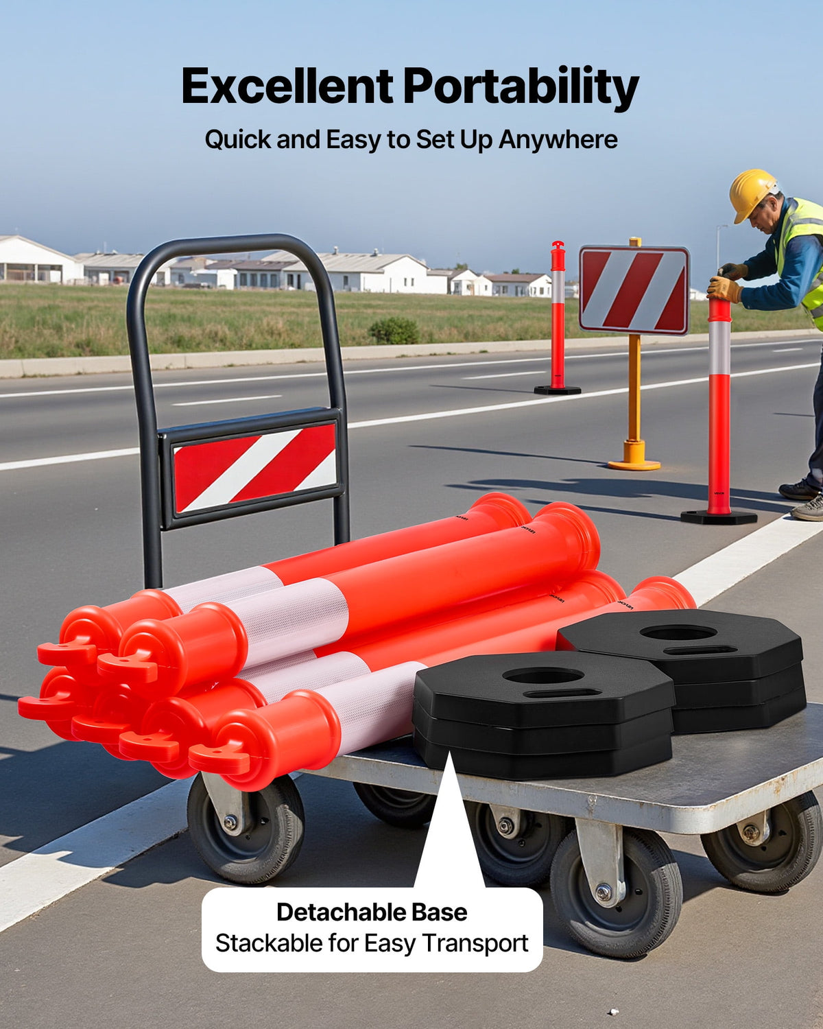 VEVOR 9 Pack Traffic Delineator Posts, 48 inches Traffic Safety Cones with Weighted Base and Reflective Strips, Heavy Duty Delineator Posts for Construction Site, Parking Lot, Crowd Control, Red